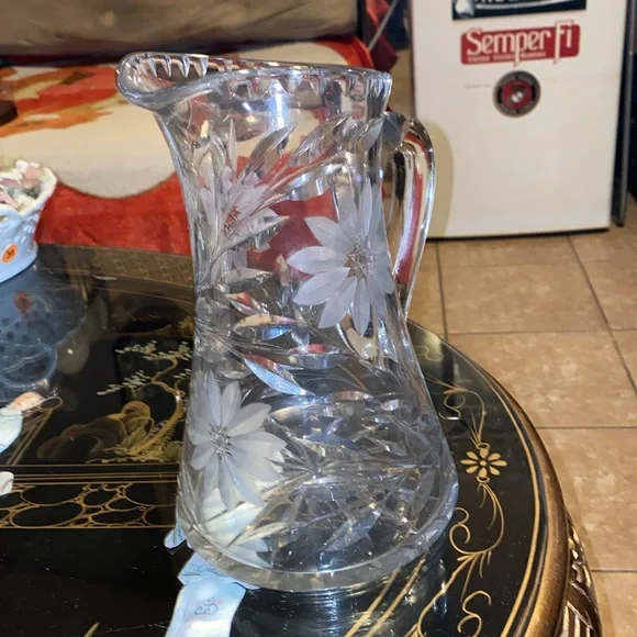 BX51 American Brilliant Period 10" T Cut Glass Pitcher Daisy Flowers and Leaves - Picture 2 of 5